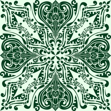 Simetrik akış şekilli zarif yeşil süs deseni. Duvar kağıdı, kumaş, ambalaj, marka ve dekoratif arkaplan tasarımı için uygundur.