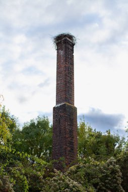 Uzun tuğlalı baca, tepesine tünemiş büyük bir kuş yuvası ile sağlamdır. Bereketli yeşil ağaçlar bulutlu bir gökyüzünün altındaki yapının etrafını sararak huzurlu ve huzurlu bir atmosfer yaratıyor..