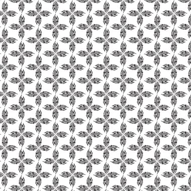 Tekrarlayan simetrik motifler ve organik yapraklı elementlerle karışık siyah ve beyaz çiçek deseni