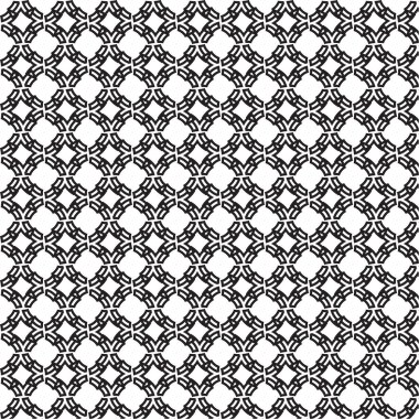 Detaylı, monokromatik bir grafik karmaşık, tekrarlayan bir geometrik tasarımı gösterir. Desen, tüm çerçeve boyunca sürekli ve tesselleştirilmiş bir düzenleme oluşturan birbirine kenetlenmiş dairesel şekiller içerir..