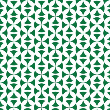 Beyaz arka planda birbirine kenetlenmiş yeşil şekiller içeren kusursuz, tekrarlayan bir geometrik desen. Tasarım, derinlik hissi ile görsel desenli ve karmaşık bir yüzey yaratır..