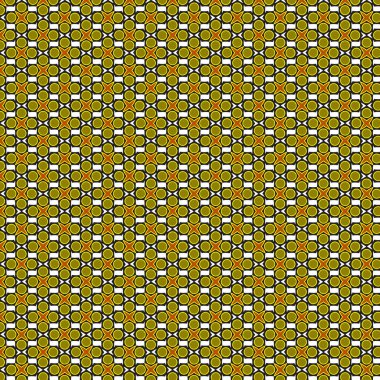 A complex, repeating geometric design features interwoven lines and squares in shades of green, brown, and white. The pattern creates a textured, almost woven appearance with a sense of depth.