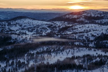 Altın gün batımı karla kaplı İskandinav vahşi doğasını aydınlatıyor