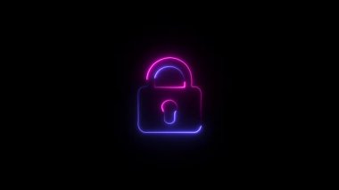 Parlayan neon kilit simgesi siyah arkaplanda izole edildi. Asma kilit işareti. Siber güvenlik, koruma. Mahremiyet. vektör illüstrasyonu