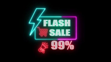 Flaş satışı neon levhası. Parlak ışık ve parlak yazıtlı neon satışı tabelası. Reklam afişi. vektör illüstrasyonu