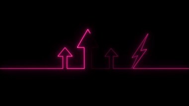 Parlayan neon çizgi üçgen ok simgesi siyah arkaplanda izole edildi. Renkli özet