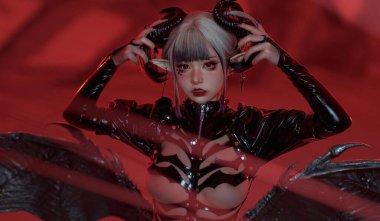 Çarpıcı boynuzları ve koyu kanatları olan büyüleyici bir şeytan dramatik, kırmızı ışıklı stüdyo sahnesinde karanlık bir cazibe yayar..