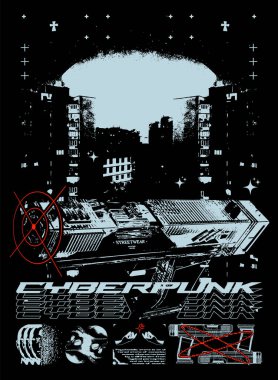 Silahlı ve Gece Şehri 'nde Cyberpunk posteri. Gürültülü soyut baskı, sokak kıyafetleri, tişörtler ve siyah arka planda kazaklar için baskı