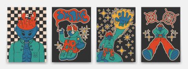 Posterler havalı çizgi film karakteri. Y2k tarzında saykodelik rap karakterleri. Sigara içiyor, müzik dinliyor, oyunlar oynuyor, uzaya tırmanıyor, kafasında sıvı var. Siyah arkaplanda izole