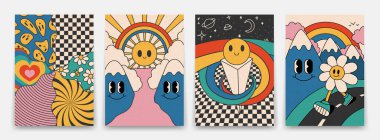 70 'lerin parlak havalı posterleri koleksiyonu. Gökkuşağı ve güneşli saykodelik manzaralı eski posterler, izole edilmiş eski baskılar.