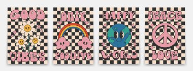 70 'lerin parlak havalı posterleri koleksiyonu. Psikedelik gezegen toprağı, çiçekler, gökkuşağı ve hippi işaretli Retro posteri. Eski baskılar, izole edilmiş