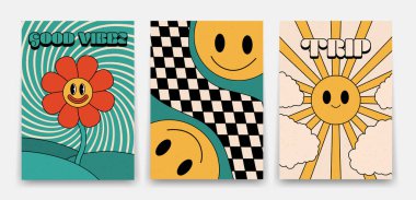 70 'lerin parlak havalı posterleri koleksiyonu. Psikedelik manzaralı, çiçekli, güneşli eski posterler, izole edilmiş eski baskılar.