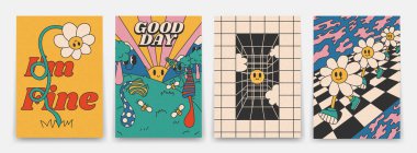 70 'lerin parlak havalı posterleri koleksiyonu. Psikedelik mantar, güneş ve çiçek desenli antika posterler, izole edilmiş.