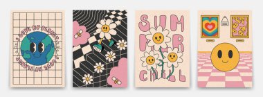 70 'lerin parlak havalı posterleri koleksiyonu. Psikedelik gezegen toprağı, basamakları, çiçekleri ve gülüşü olan eski moda baskılar.