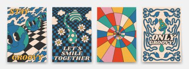 70 'lerin parlak, havalı posterleri. Psikedelik mantarlı Retro poster, gezegen karakteri ve spiral gökkuşağı, klasik baskılar, izole edilmiş