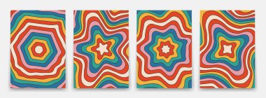 Işınlar dalgalı 70 'li yılların harika posteri. Altıgenlerin ve yıldızların soyut geometrik şekilleri, parlak psikedelik desenler. Arkaplanı grunge deseni ile ayarla