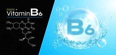 B6 vitamini su damlası. Su sıçramalı sarı damlalar. Doğal kimyasal formüllü Pyridoksin kompleksi. Güzellik tasarımı. Tıbbi ve bilimsel kavram