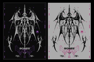 Gotik tarzda modern poster. Gothcore baskısı, üç boyutlu soyut simetrik kemikli çiviler. Tişört, kapüşon ve sweatshirt için koyu renk baskı.