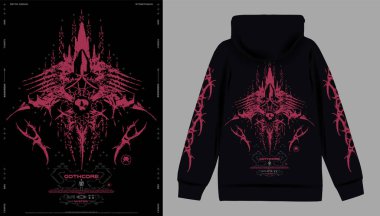 Gotik tarzda modern poster. Gothcore baskısı, üç boyutlu soyut simetrik kemikli çiviler. Tişört, kapüşon ve sweatshirt için koyu renk baskı.