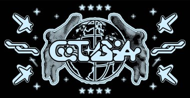 Retro Y2K elementleri. Soyut gaddarlık grafikleri, dünya ve eller, sokak kıyafetleri tipografi tarzı tişörtler. Vektör baskısı