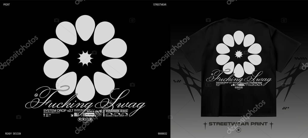 Techno streetwear t-shirt print. Geometric starlight symbol with bold back placement and Y2K cyberpunk aesthetics. Vector apparel design