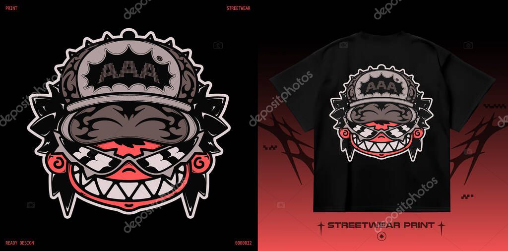 Y2K mascot character with cap and spiked hair. Aggressive streetwear demon face with sunglasses and neo tribal style. Perfect for fashion logo or t-shirt design. Isolated on black background