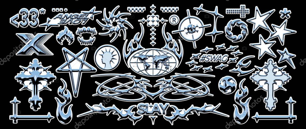 Blue chrome Y2K sticker collection. Glossy inflated gothic shapes with neo tribal and cyber sigil aesthetics. Bold metallic render in futuristic retro style