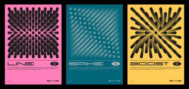 Üç boyutlu sivri uçlu ve çizgi illüzyonları olan renkli soyut dizi posteri. Canlı gradyan tekno tasarımı. Vektör koleksiyonu