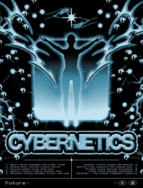 Uçan insan ve bitmap pikseli Retro-gelecekçi dither poster sibernetiği. Klasik bilim kurgu vektör çizimi