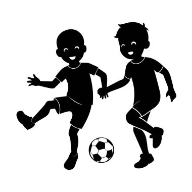 İki mutlu çocuk, beyaz arka planda birlikte futbol oynuyor.