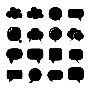 Beyaz arkaplanda web tasarımı için izole edilmiş 16 siyah konuşma balonu