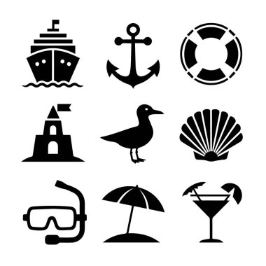 Yaz tatili simgelerinin toplanması siyah olarak beyaz arkaplanda izole edildi