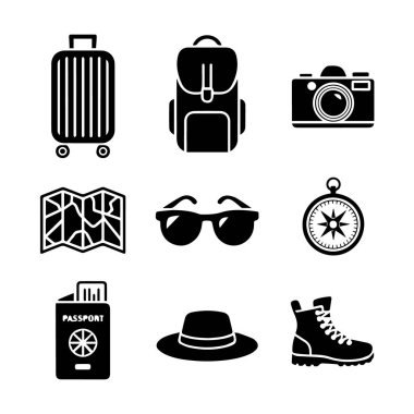 Seyahat ve tatil ekipmanları simgeleri beyaz arkaplan, vektör kümesinde izole