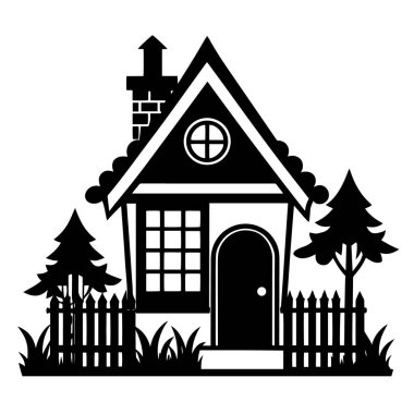 Konforlu ev ve konut mimarisi için baca çitleri ve bahçe ağaçları içeren siyah ve beyaz ev silueti.