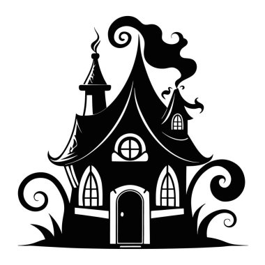 Peri masalı ev silueti, çarpık çatılı ve girdap gibi sihirli dumanı yaratıcı fantezi ve öykü çizimleri için.