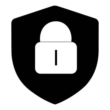 Beyaz asma kilit ikonuna sahip siyah koruyucu kalkan güvenlik ve korumayı sembolize ediyor.