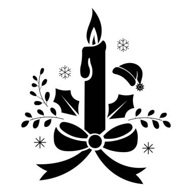 Kutsal bir Noel mumu, kar taneleri ve Noel Baba şapkası olan siyah bir siluet.