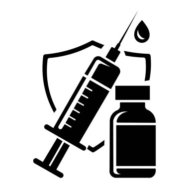 Aşı şişesi ve koruyucu kalkan ikonu ile vektör şırınga, bağışıklık, sağlık savunması ve tıbbi tedavi sembolize