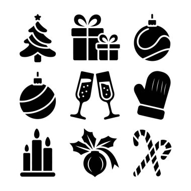 Beyaz arka planda izole edilmiş festival unsurları ve sembollerinin yer aldığı vektör noelleri ve tatil simgeleri belirlendi