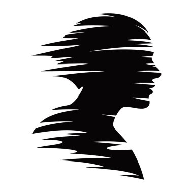 Profilde insan kafasının soyut silueti, dinamik, çözücü bir etkisi var, beyaz arka planda izole edilmiş.