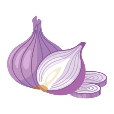 Mor soğan, yarım soğan ve dilimlenmiş halkalar. Mutfak için taze sebze. Beyaz arka planda izole edilmiş.