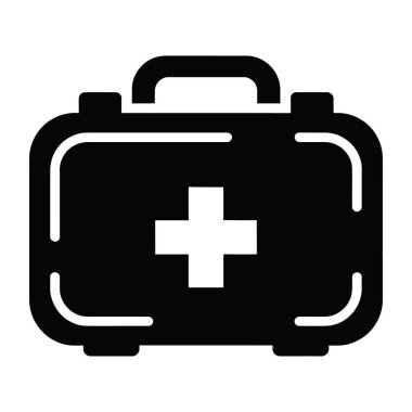 Belirgin bir beyaz haçı olan, sağlık, acil durum ve tıbbi yardımı sembolize eden basit bir siyah ilk yardım seti simgesi