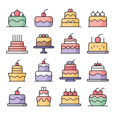 Çeşitli tasarımları olan renkli pasta ve tatlıların vektör koleksiyonu. Kutlamalar, doğum günleri ve tatlı ikramları için mükemmel.