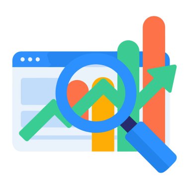 İş verilerini, finansal büyüme grafiklerini ve web tarayıcı arayüzündeki pazarlama analizlerini inceleyen vektör büyüteç büyüteç