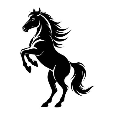 Beyaz arka planda yele ve kuyruğu akan güçlü bir atın vektör siyah silueti.