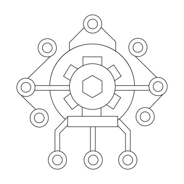 Merkezi dişli ve birbirine bağlı ağ elemanlarına sahip, beyaz arkaplanda izole edilmiş vektör soyut teknoloji sistemi