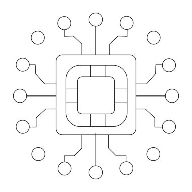 Beyaz arka planda izole edilmiş, yayılan bağlantıları olan bir mikroçip veya merkezi işlem ünitesinin vektör çizgisi çizimi