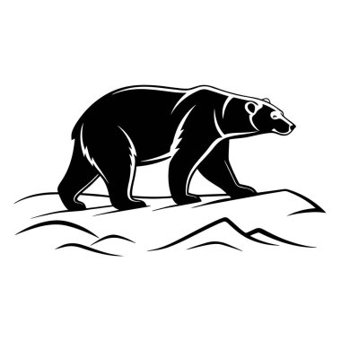 Beyaz arka planda izole edilmiş, karlı bir arazide yürüyen bir ayının taşıyıcı siyah silueti.