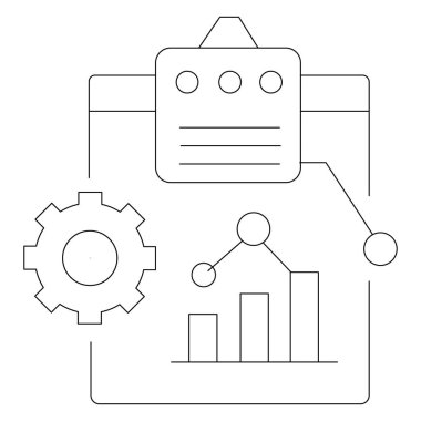 Satır sanat tarzında vektör iş analizleri ve dosya, dişli, bar tablosu ve grafik simgeleri ile veri yönetimi kavramı