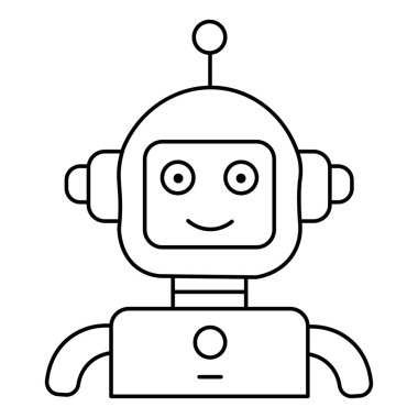 Basit çizgi sanatında vektör dostu robot karakter, gülen yüz, ai ve teknolojiyi sembolize eden, beyaz arka planda izole edilmiş